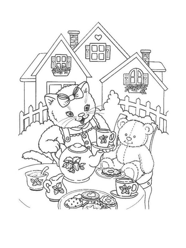 coloriage chatte jouant a la dinette